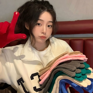 纯色针织手套女冬季 学生可爱保暖防寒五指可触屏露二指分指骑车男