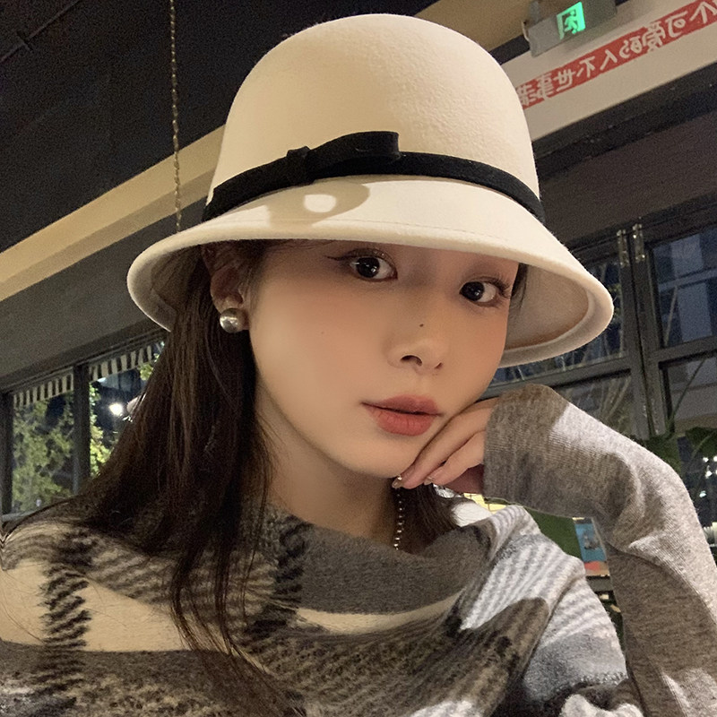 法式羊毛呢赫本帽秋冬季女款财阀千金小礼帽优雅气质小香风盆帽
