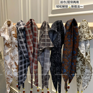 复古格纹碎花两用丝巾屁帘 腰饰琥珀珠流苏三角巾叠穿神器 颈饰