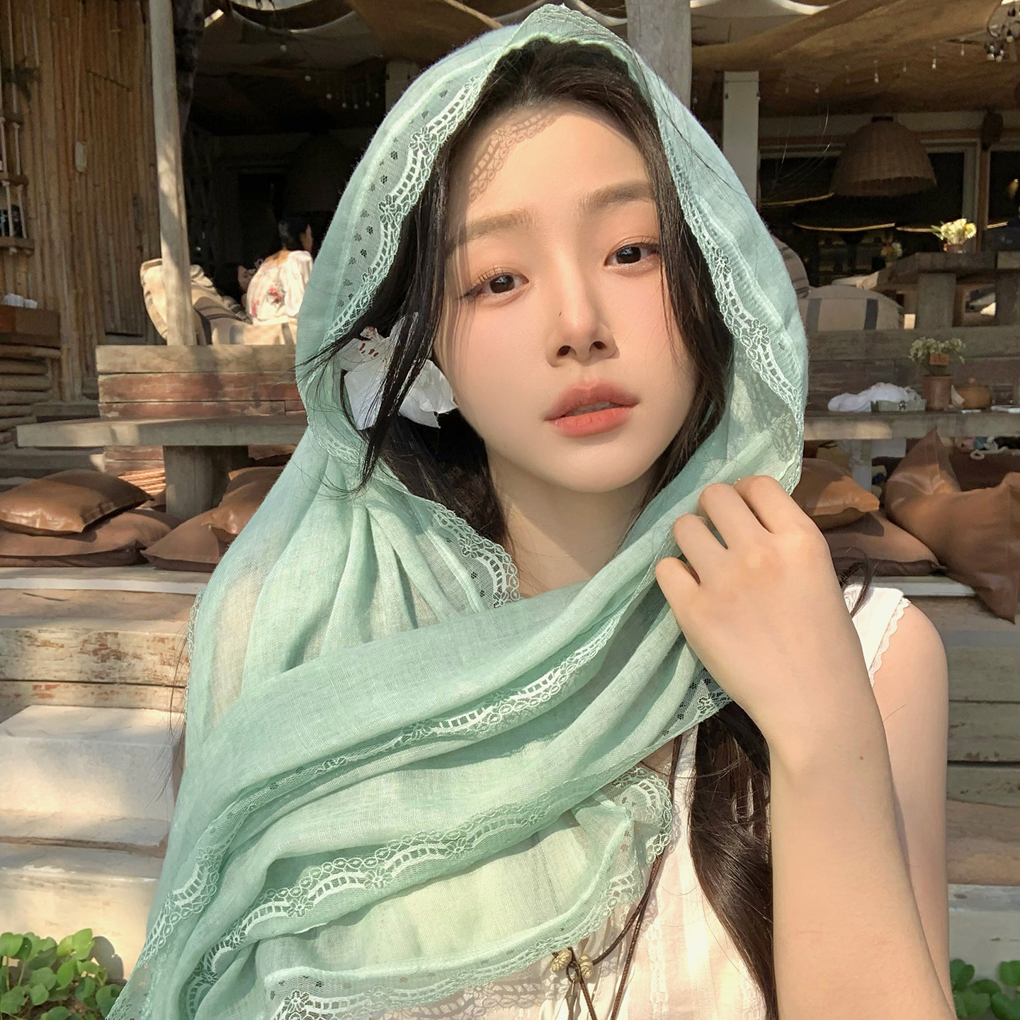 薄荷绿蕾丝边丝巾女2026春季图片