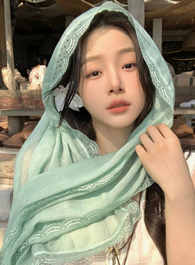 薄荷绿蕾丝边丝巾女2026春季