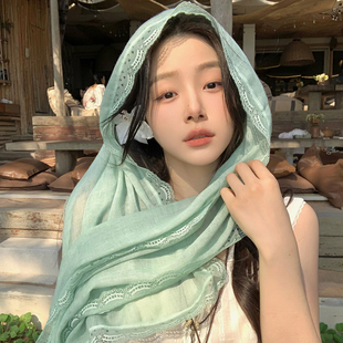 薄荷绿蕾丝边丝巾女2026春季森系文艺薄款高级感系脖围巾外搭披肩
