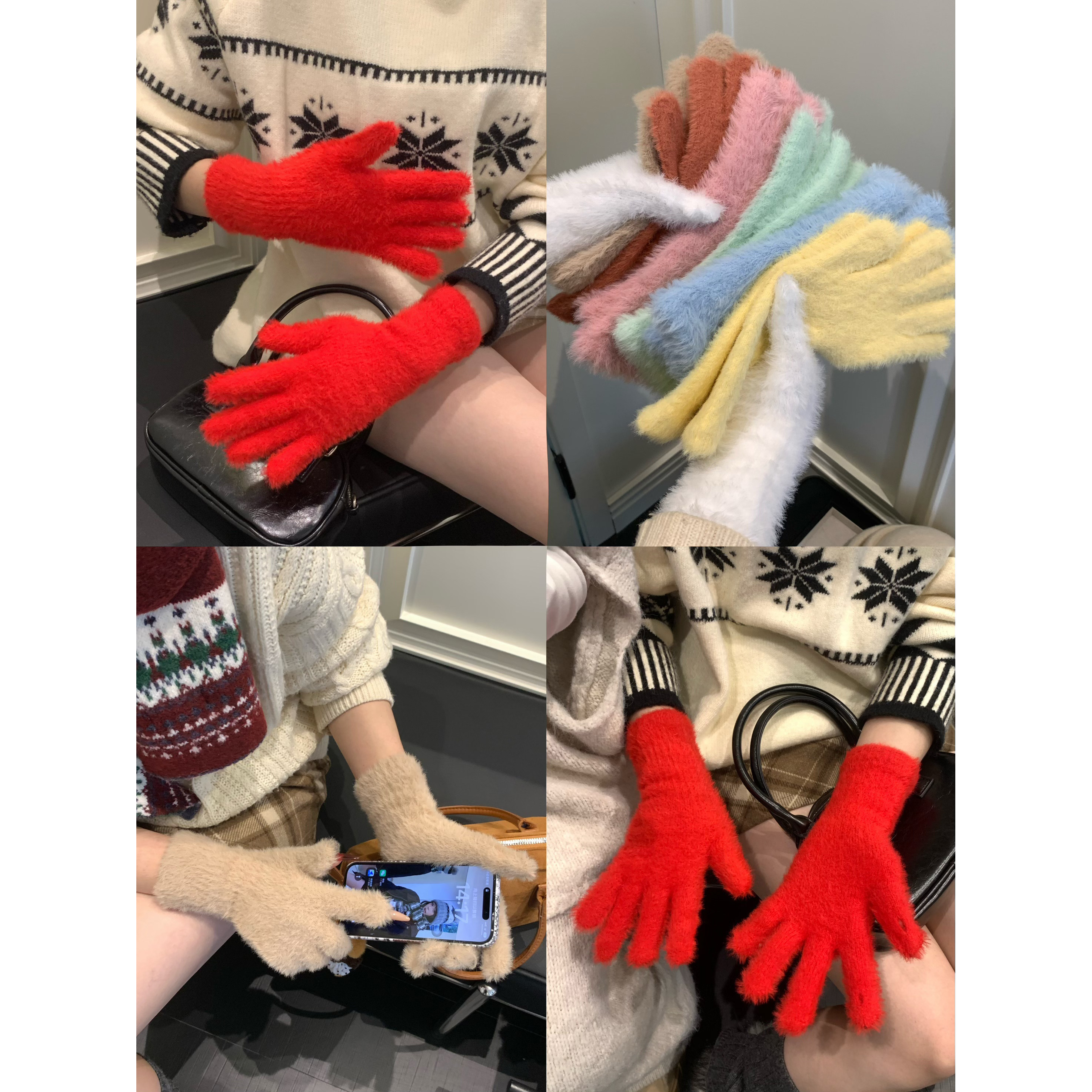 纯色软糯毛绒手套女冬季保暖毛茸茸露指可触屏分指五指针织手套女