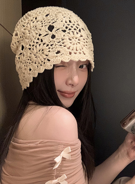 蜗牛爬爬家ins韩系手工编织花朵镂空针织帽女显脸小堆堆包头帽子