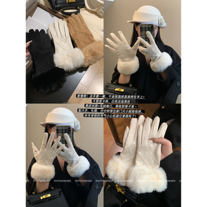 千金感轻奢德绒毛绒手套女2025新款秋冬加绒加厚防寒气质优雅手套