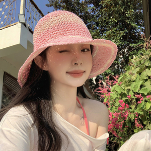 韩版ins粉色草编渔夫帽女春季海边度假大帽檐甜美防晒草帽遮阳帽