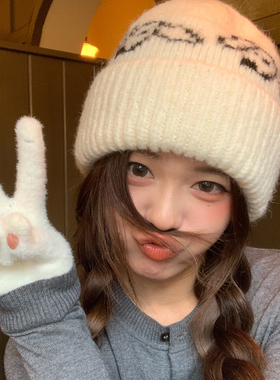 白色针织帽女秋冬大头围冷帽百搭加厚保暖学生护耳帽子女款毛线帽