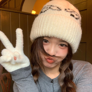 白色针织帽女秋冬大头围冷帽百搭加厚保暖学生护耳帽子女款毛线帽