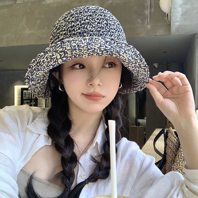 慵懒风手工编织草帽女夏季沙滩度假透气镂空渔夫帽太阳帽