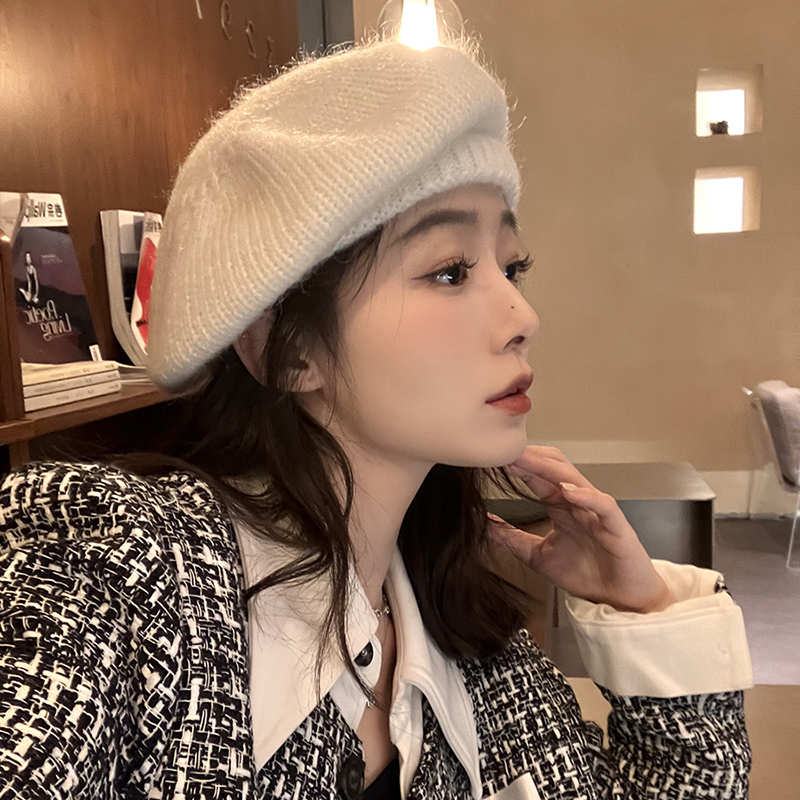 马海毛针织白色贝雷帽女秋冬百搭新款画家帽大头围显脸小毛线帽子