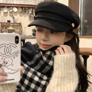 复古纯色贝雷帽女秋冬季 小檐平顶英伦风大头围报童帽画家帽八角帽