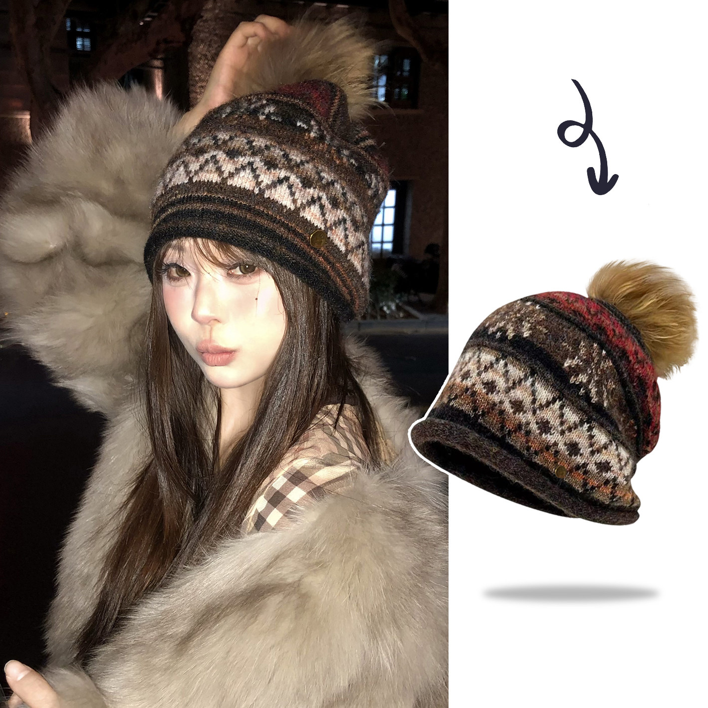 费尔岛复古毛球针织帽子女冬季保暖包头帽冷帽女显脸小护耳毛线帽,服饰配件/皮带/帽子/围巾,帽子,淘宝优惠券,粉丝福利购,淘宝优惠卷