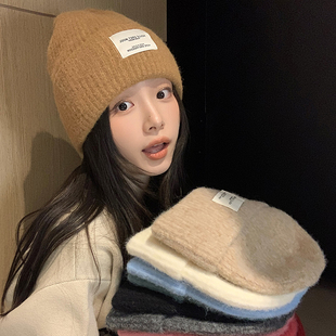 美拉德日系布标纯色针织帽女秋冬好暖护耳包头帽休闲百搭毛绒帽子