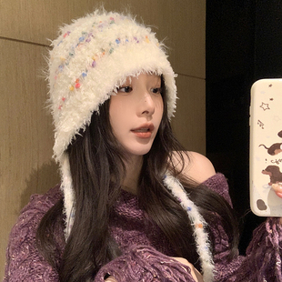 ins彩色小糖豆手工编织绑系渔夫帽女款秋冬出游氛围感可爱毛绒帽