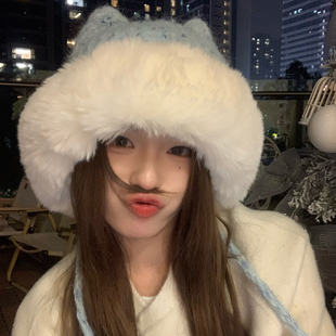 可爱猫耳朵雷锋帽女冬季东北防寒毛绒帽子女款冬天保暖针织毛线帽