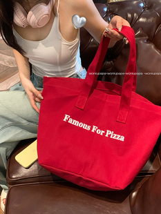 红色包包手提包女款单肩包字母帆布包大容量百搭学生通勤上课布袋