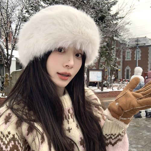 哈尔滨旅游！白色兔毛蒙古帽女冬季防寒保暖渔夫帽时尚百搭毛绒帽