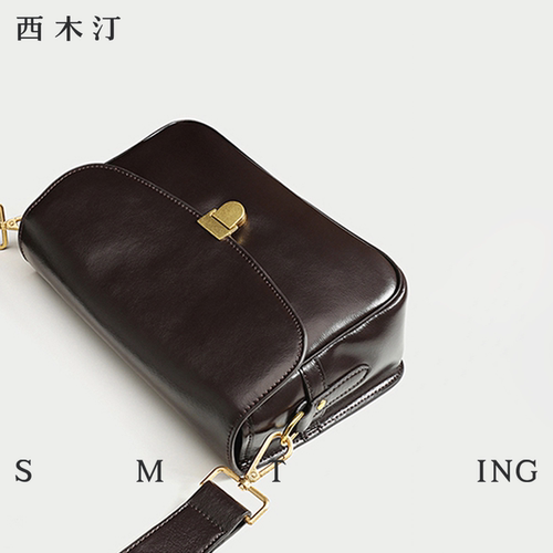 包包女牛皮复古风宽肩带小方包