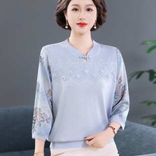 中老年夏季 七分袖 冰丝T恤衫 女针织纱袖 妈妈春季 套装 洋气国风薄款