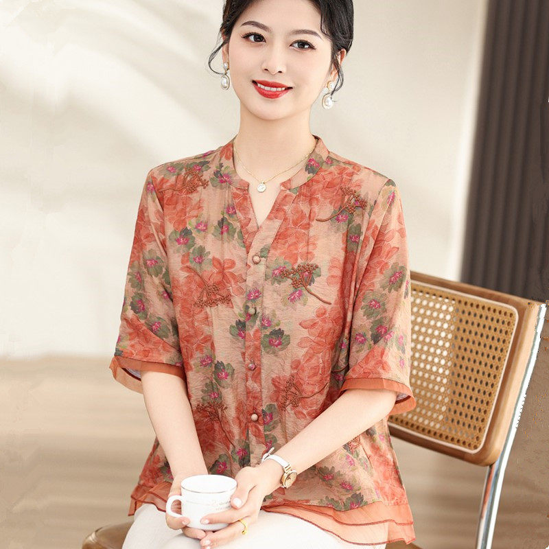 洋气妈妈夏装棉麻套装棉绸衬衫中老年人女宽松纯棉短袖T恤两件套