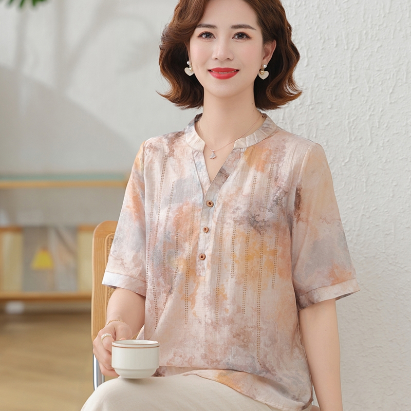 妈妈夏装纯棉麻衬衫短袖棉绸上衣中老年女宽松纯棉T恤小衫两件套