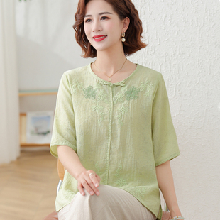 媽媽夏裝 2025新款 洋氣貴夫人棉麻套裝 中老年人衣服純棉綢上衣 短袖