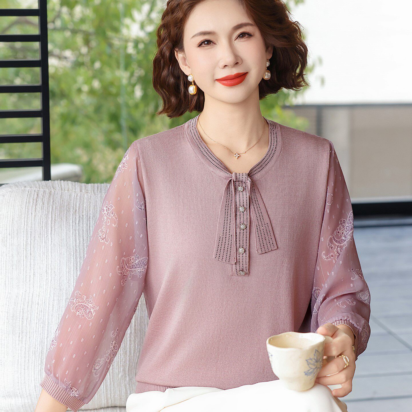 时尚妈妈春夏装雪纺拼接冰丝小衫中年女气质新款上衣中老年打底衫