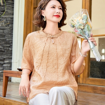 妈妈夏装纯棉麻旗袍小衫两件套装