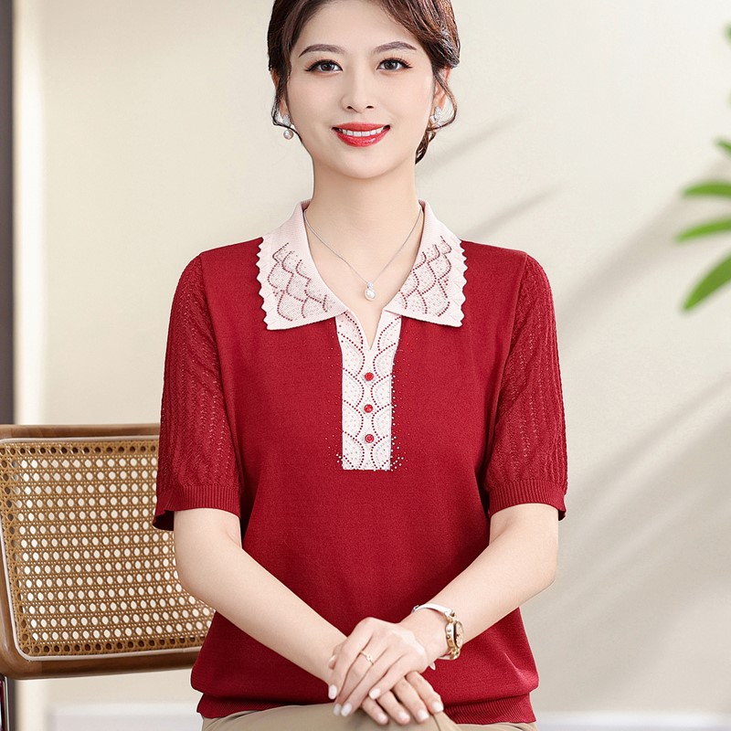 赋妤洋气妈妈夏装冰丝翻领短袖