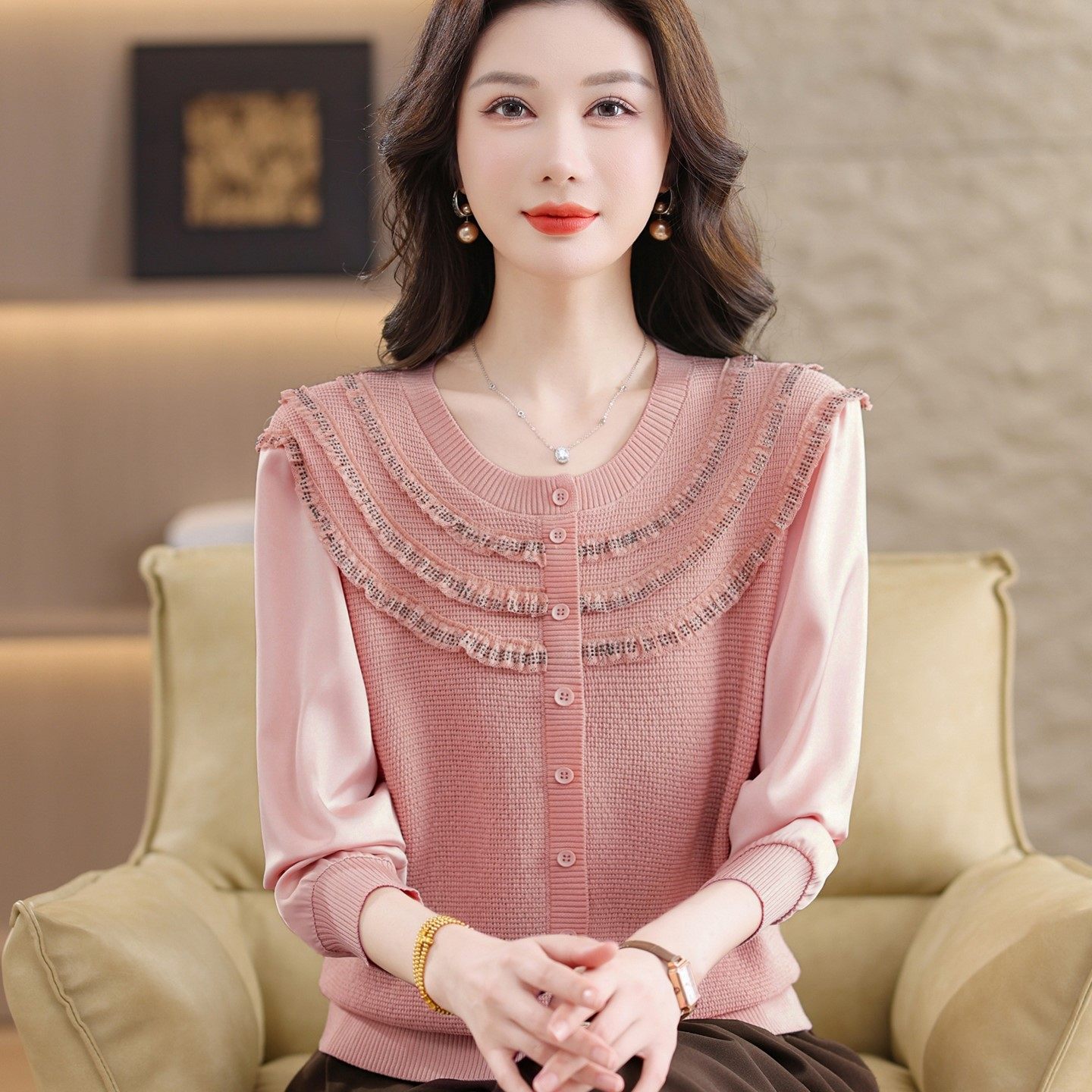 年轻妈妈木耳边圆领针织上衣洋气质冰丝T恤小衫中年女春秋打底衫,女装/女士精品,中老年女装,淘宝优惠券,粉丝福利购,淘宝优惠卷