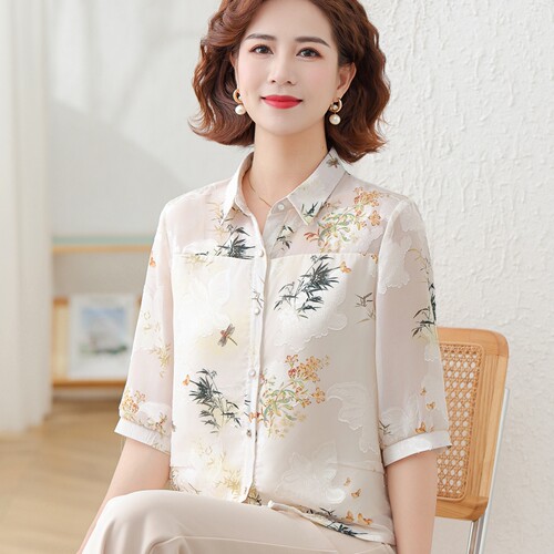 洋气妈妈装真丝衬衫翻领上衣套装