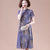 杭州丝真丝桑蚕丝连衣裙中老年女夏装 香云纱裙子高贵气质妈妈中裙