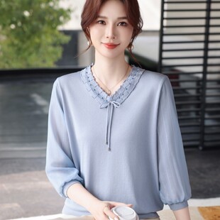 小衫 妈妈夏装 T恤中老年女春夏洋气纱袖 上衣七分袖 两件套 冰丝薄款