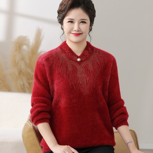 赋妤妈妈冬装水貂绒加厚打底毛衣