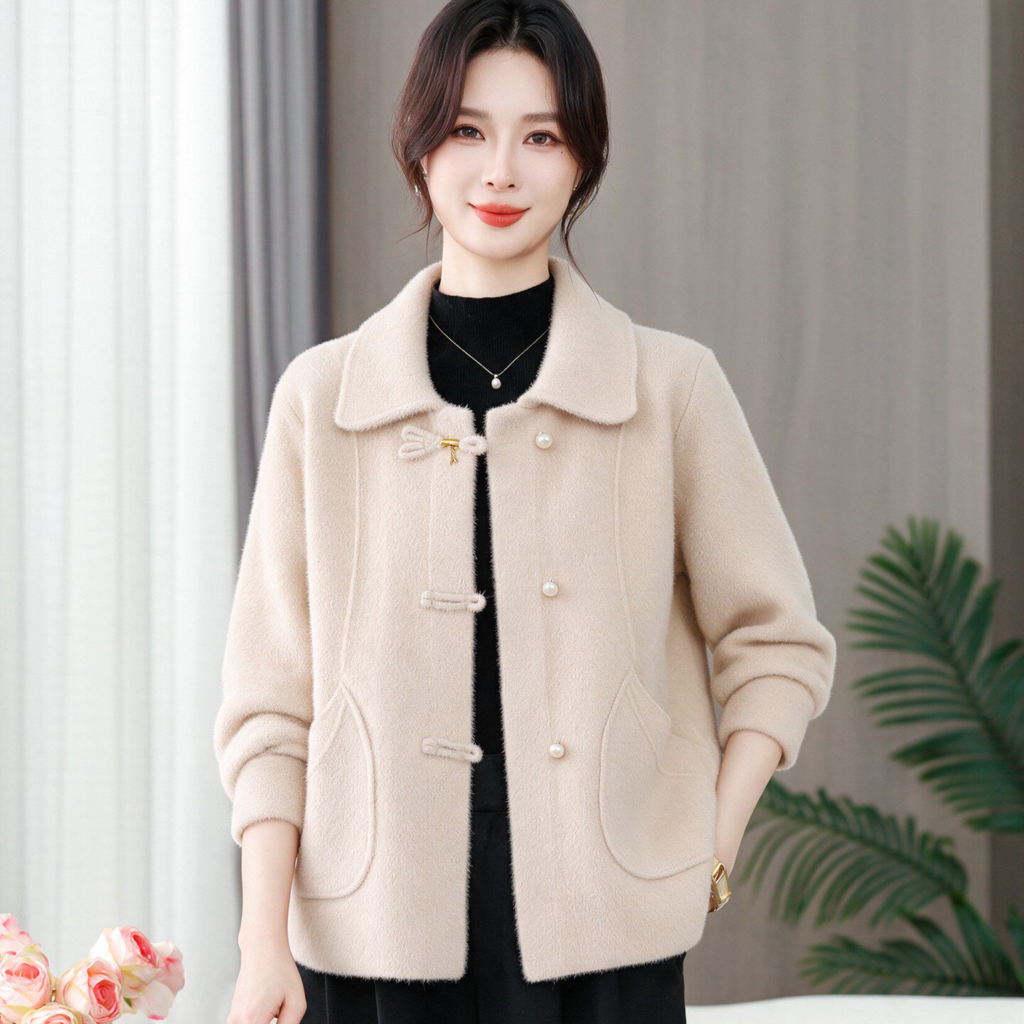 高端毛呢外套秋季套装中年妈妈国风上衣中老年女秋冬翻领保暖大衣