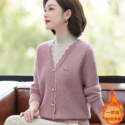 赋妤妈妈装假两件加绒加厚羊毛衣