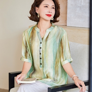 妈妈棉麻衬衫 两件套洋气中老年女上衣夏季 短袖 t恤阔太太高档套装