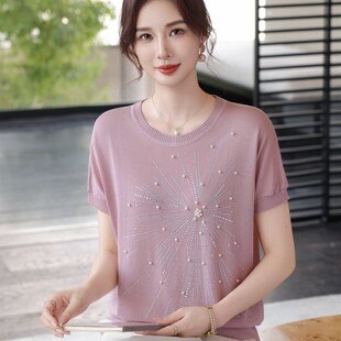 小衫 妈妈夏装 宽松遮肚子薄款 T恤中老年妇女新款 母亲节两件套 短袖