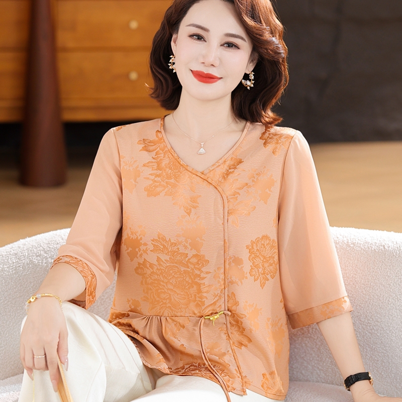时尚妈妈装夏装短袖真丝小衫洋气中老年女t恤上衣雪纺衫两件套装