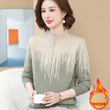 妈妈秋冬装加绒毛衣保暖内搭上衣中老年人女冬装一体绒加厚打底衫