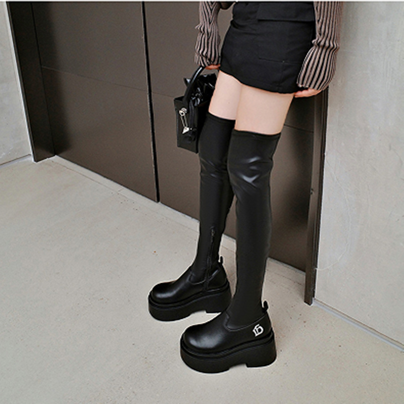 真皮厚底显瘦弹力过膝长筒靴女