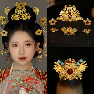 汉服发冠掩鬓发钗全套头饰明制狄髻发簪凤簪汉婚女仙重工古风配饰