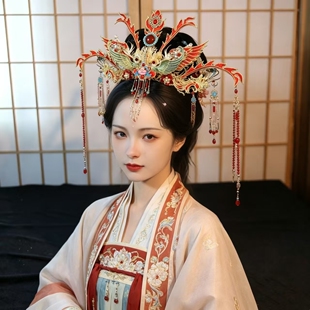 新款古风鎏凤发冠中式新娘头饰宫廷风汉服婚嫁凤冠霞帔配饰