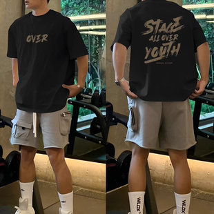 短袖 t恤男港風hiphop重磅純棉時尚 高街復古草寫標語印花短袖 美式
