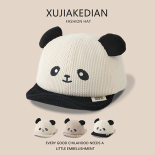 婴儿帽子春秋季可爱熊猫鸭舌帽男宝宝小月龄女童户外防风棒球帽冬
