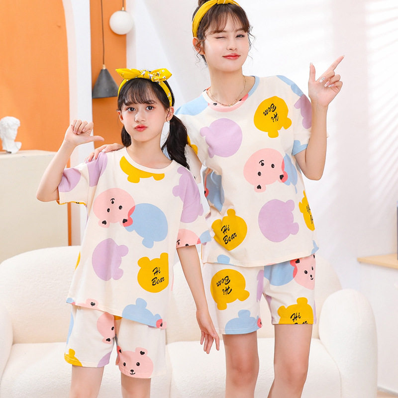 儿童短袖套装纯棉夏季薄款母女亲子装可爱卡通短袖空调家居服套装