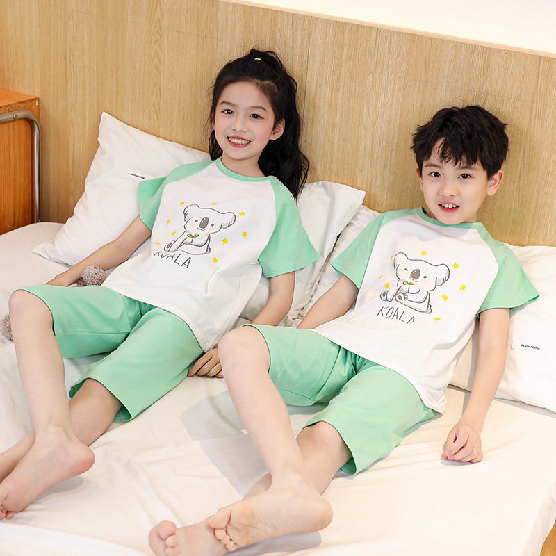 儿童睡衣男童夏季薄款短袖纯棉莱卡夏天女童家居服中大童小孩套装
