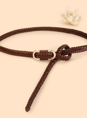 头层牛皮编织细腰带女蝴蝶扣文艺打结小皮带配裙子外套休闲百搭窄