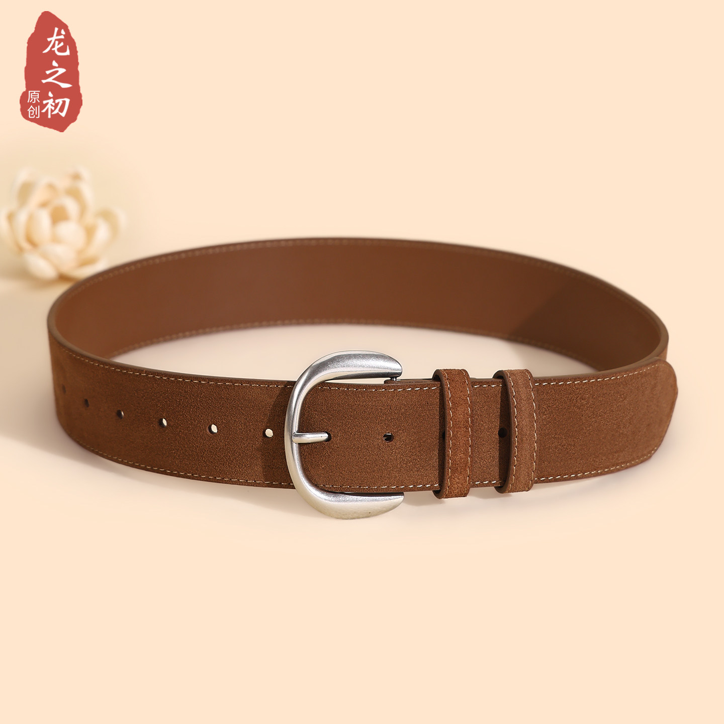 冬季新款麂皮绒面宽腰带女装饰复古做旧银扣牛皮腰封时尚真皮皮带