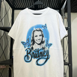 小甜甜布兰妮欧美歌手vintage复古美式小领口短袖男女纯棉质感T恤